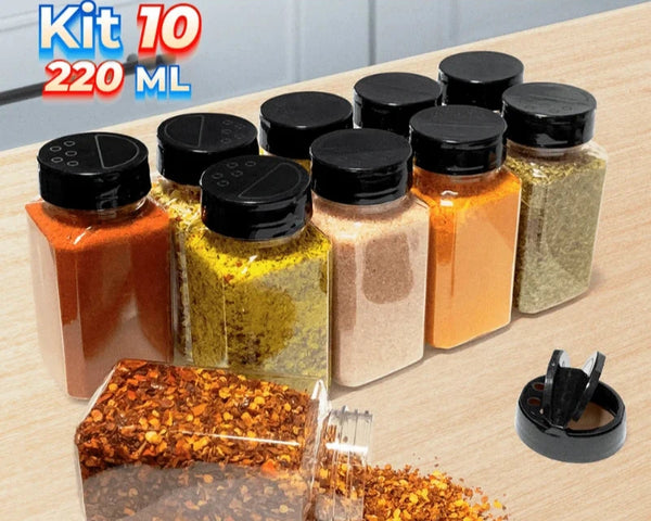 Kit com 10 Potes para Temperos – 220ml com Tampa Dosadora Dupla